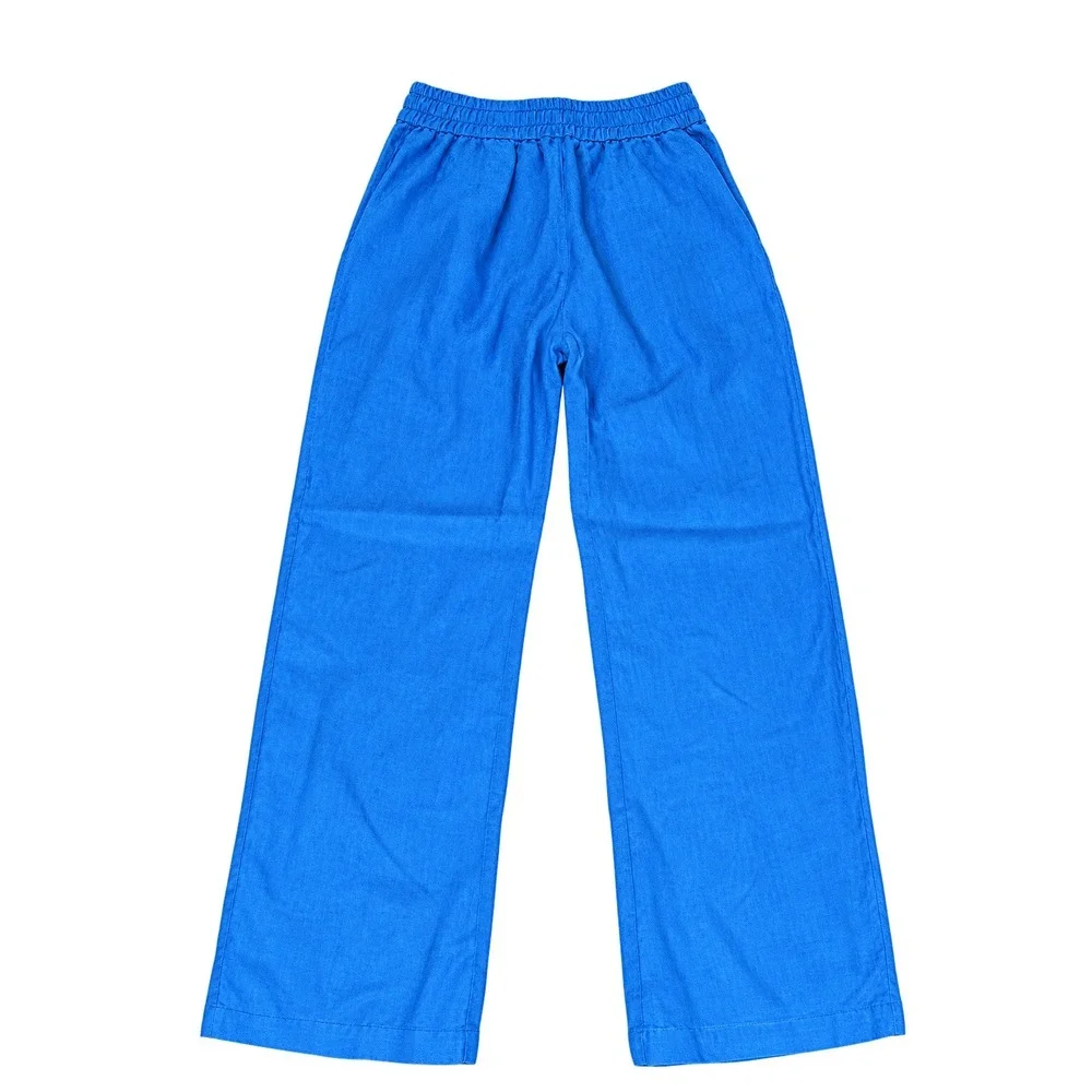 Zara 100% Linen Wide Leg Drawstring Pants Womens M Blue